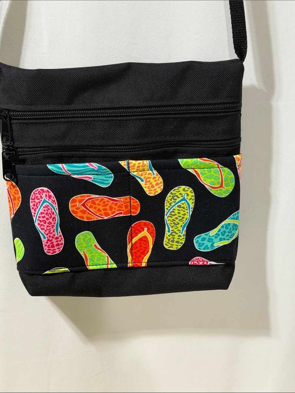 Black Crossbody Bag with Colorful Flip-Flop Print